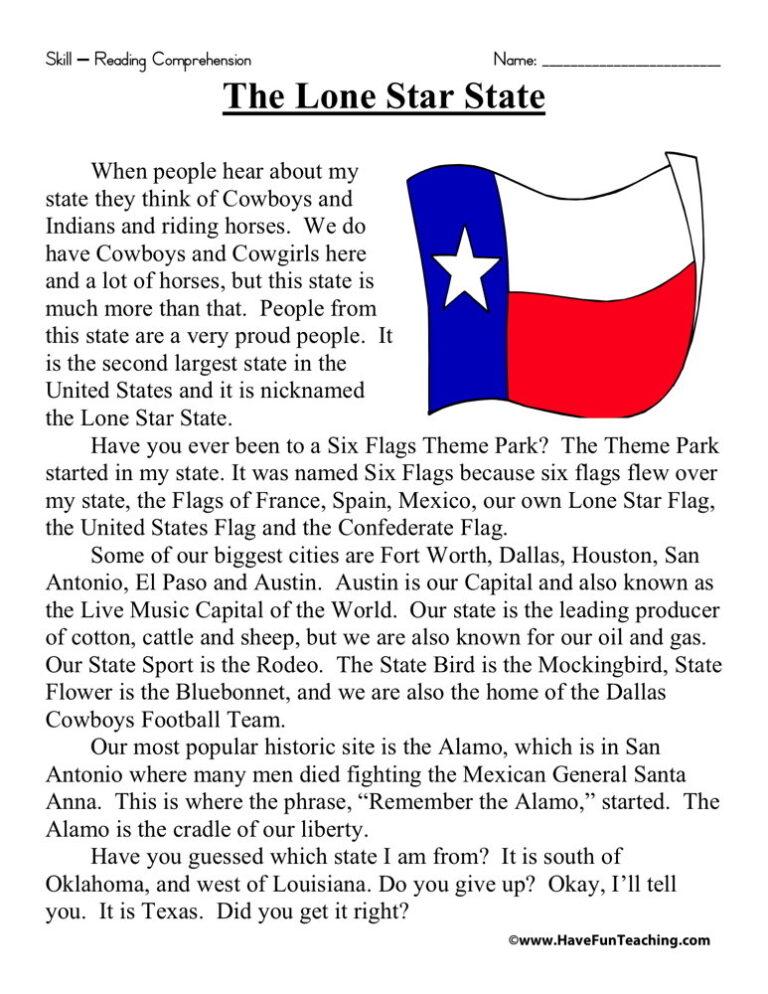 The Lone Star State Reading Comprehension Worksheet