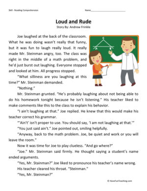 Loud and Rude Reading Comprehension Worksheet