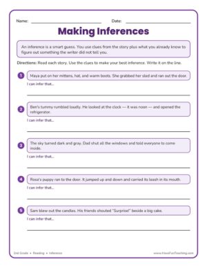 Making inferences worksheet for 2nd grade reading with five short stories and an answer key