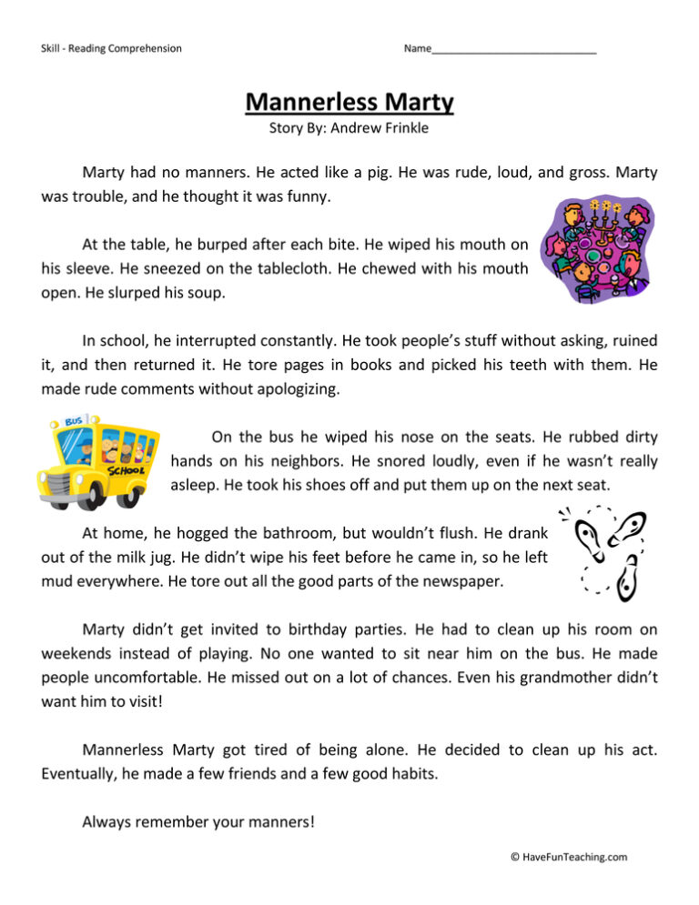 Mannerless Marty Reading Comprehension Worksheet