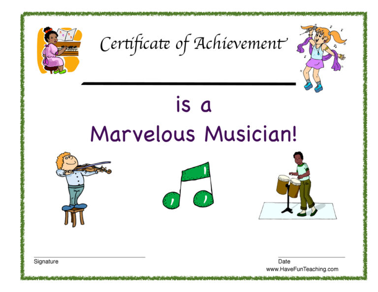 Marvelous Musician Reward Certificate
