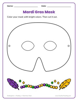 Kindergarten Mardi Gras blank mask worksheet to color and cut out