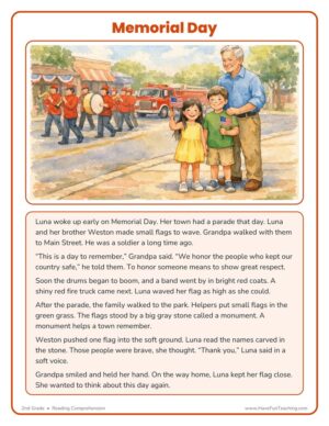 2nd Grade Memorial Day reading comprehension worksheet story page