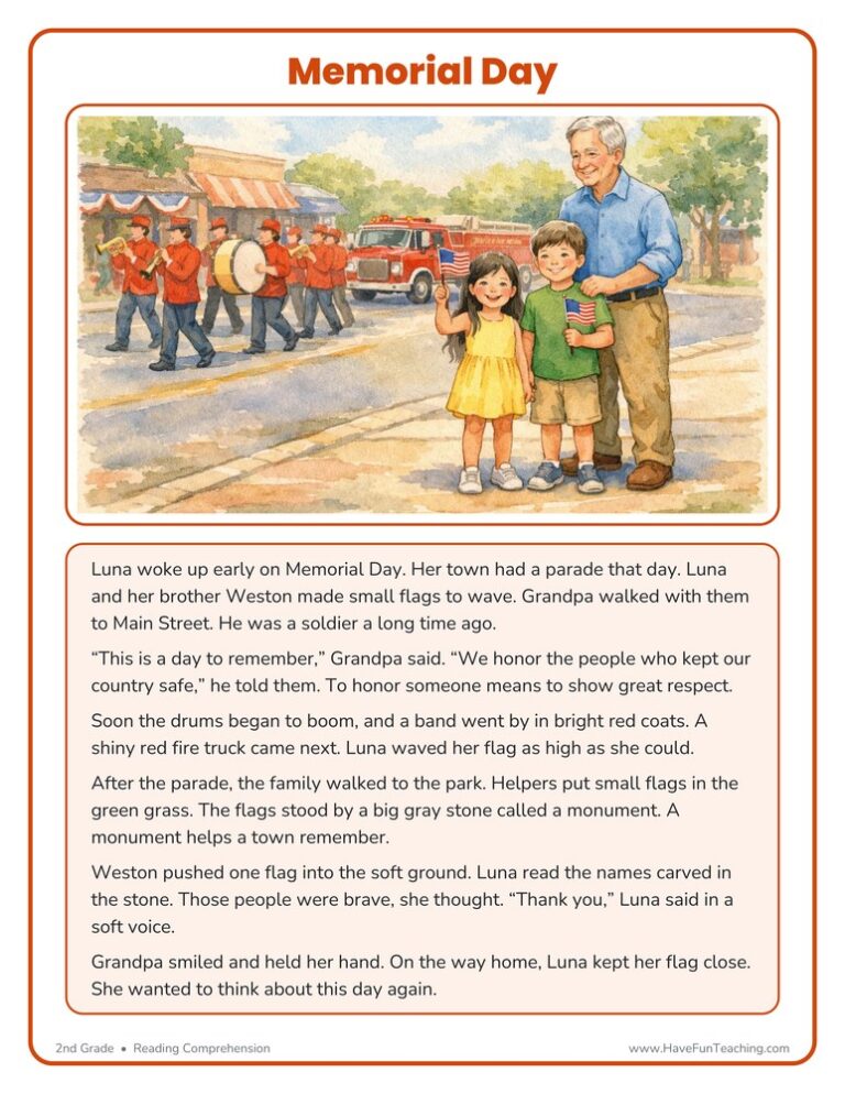 Memorial Day Story Reading Comprehension Worksheet
