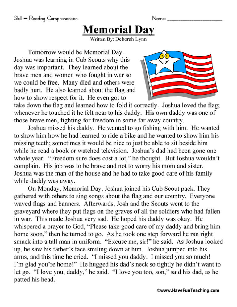 Memorial Day Story Reading Comprehension Worksheet