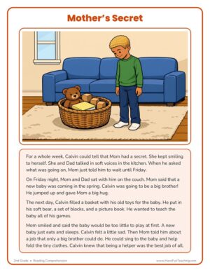 2nd Grade reading comprehension worksheet with a story about a boy waiting for his mother's news