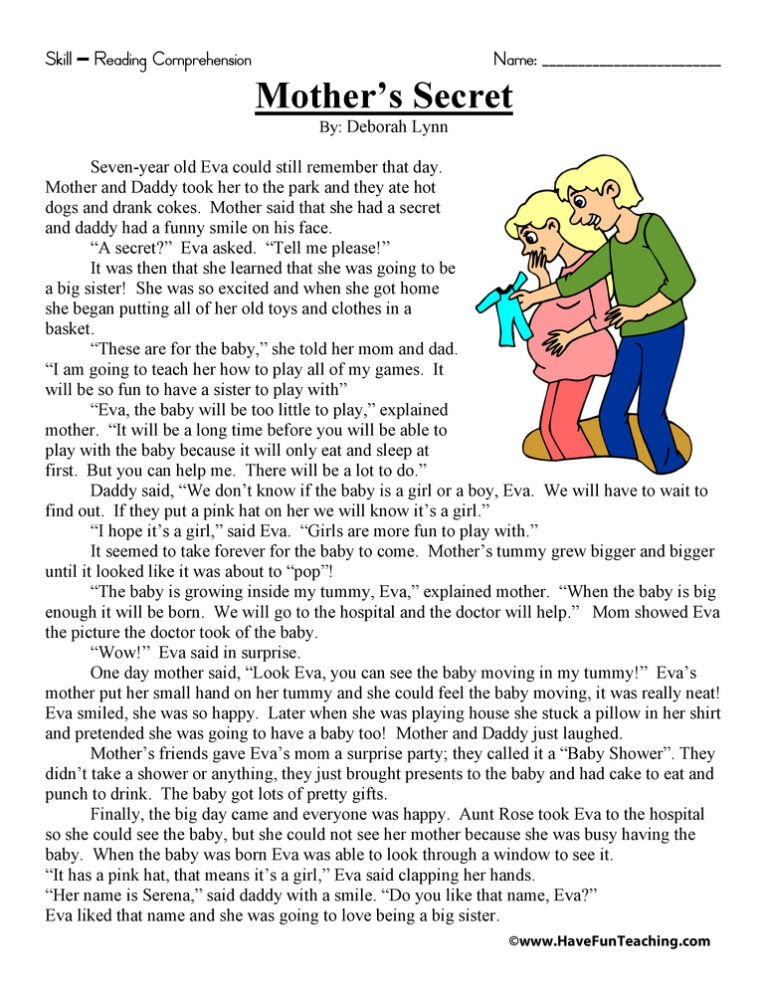 Mother's Secret Reading Comprehension Worksheet