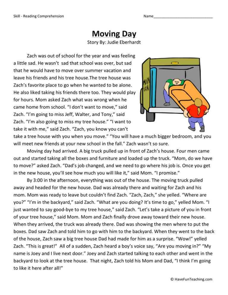 Moving Day Reading Comprehension Worksheet