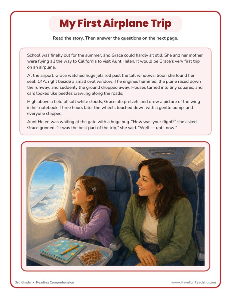 My First Airplane Trip Reading Comprehension Worksheet