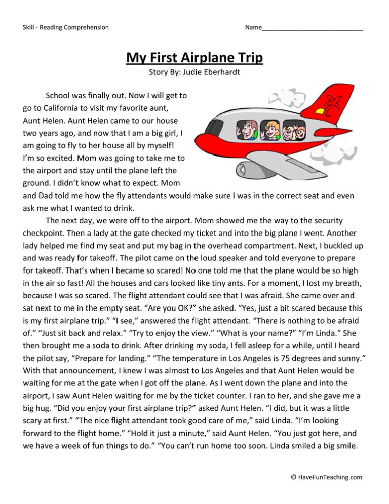 My First Airplane Trip Reading Comprehension Worksheet - Have Fun Teaching