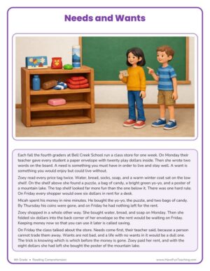 4th Grade needs and wants reading comprehension worksheet page 1 with the story and illustration
