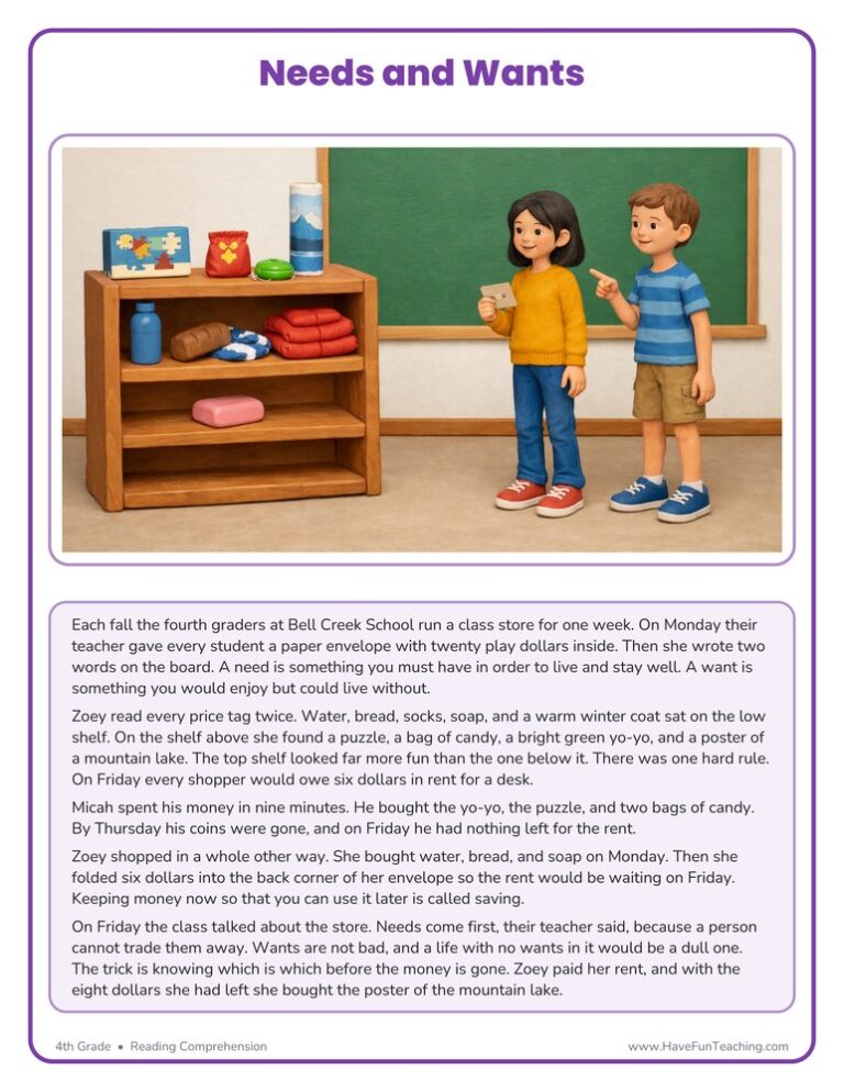 Needs and Wants Reading Comprehension Worksheet