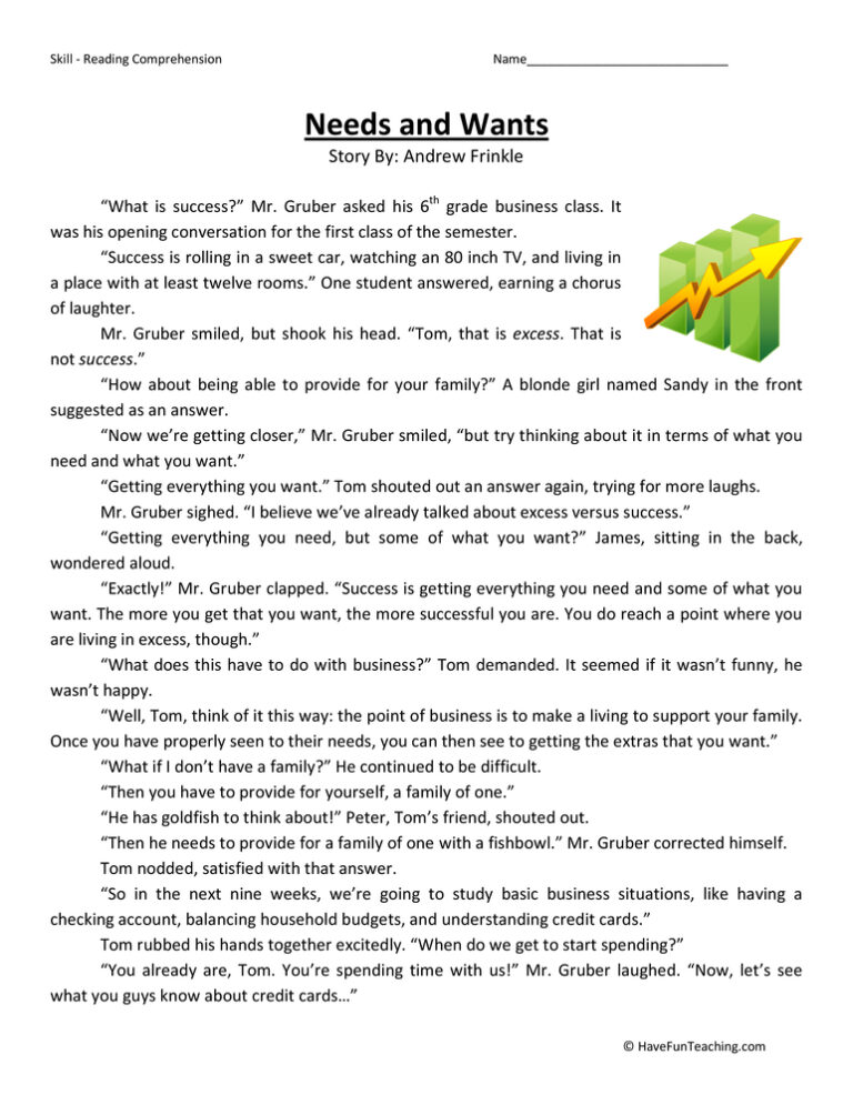 Needs and Wants Reading Comprehension Worksheet