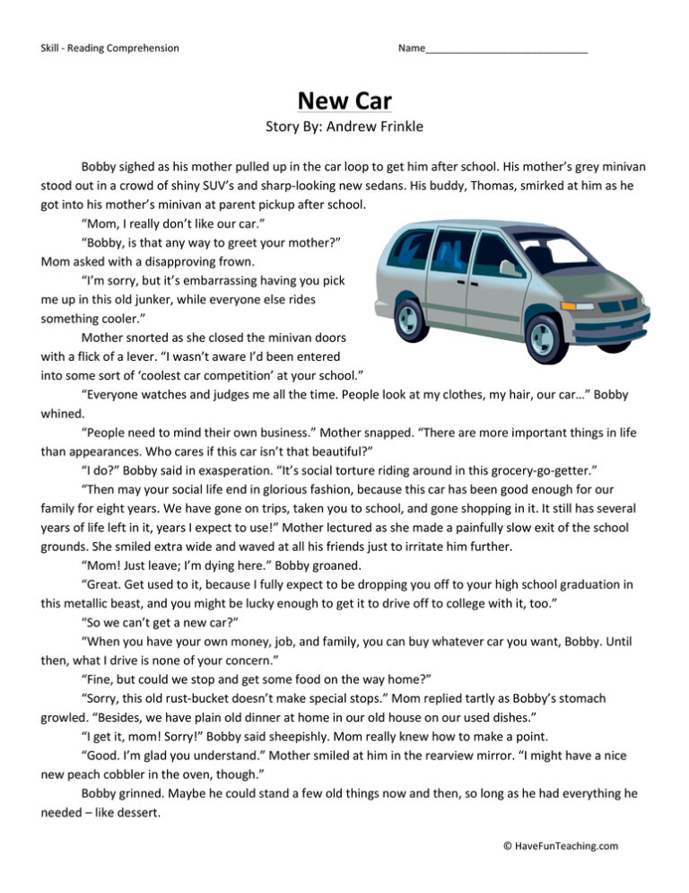 New Car Reading Comprehension Worksheet