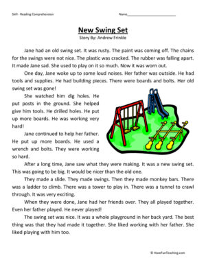 New Swing Set Reading Comprehension Worksheet