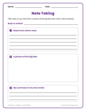 3rd Grade graphic organizer worksheet for taking notes, drawing the big idea and writing a summary