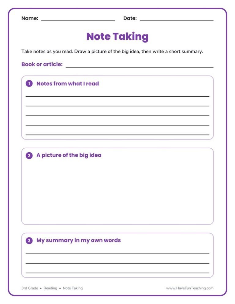 Note Taking and Summarizing Graphic Organizer