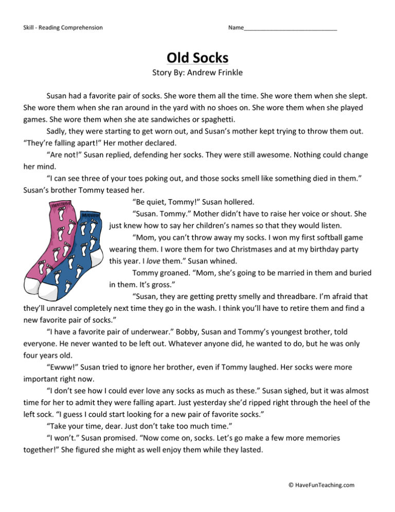 Old Socks Reading Comprehension Worksheet
