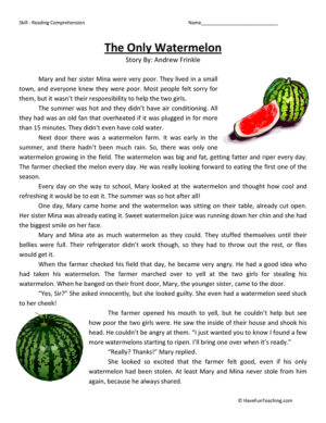 The Only Watermelon Reading Comprehension Worksheet