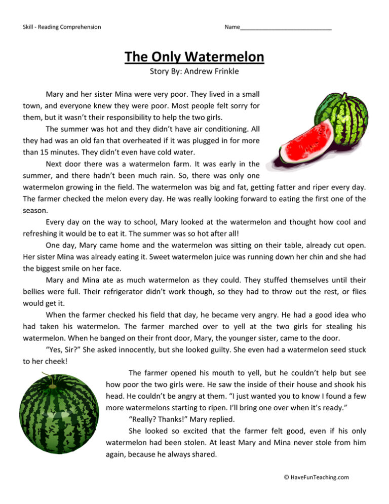 The Only Watermelon Reading Comprehension Worksheet