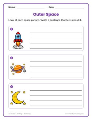 1st grade outer space sentences worksheet with picture prompts