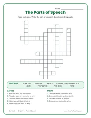 3rd grade parts of speech crossword puzzle worksheet