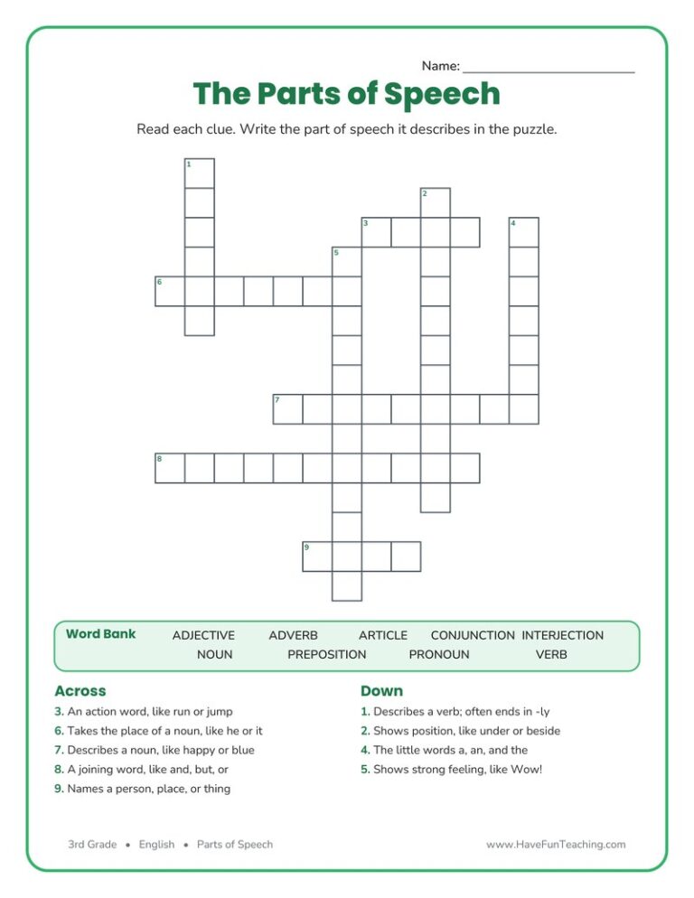 Parts of Speech Crossword Puzzle