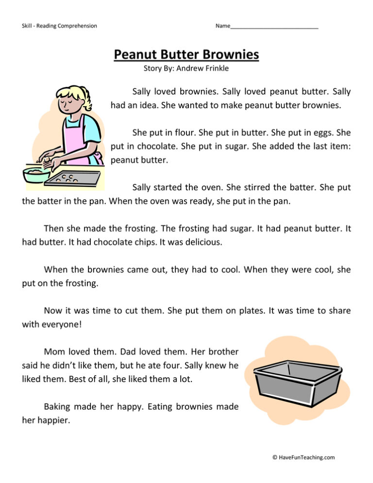 Peanut Butter Brownies Reading Comprehension Worksheet