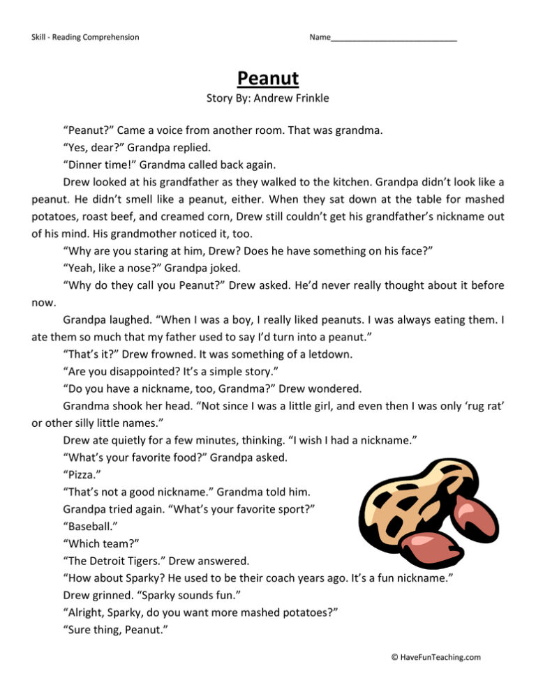Peanut Reading Comprehension Worksheet