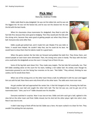 Pick Me Reading Comprehension Worksheet