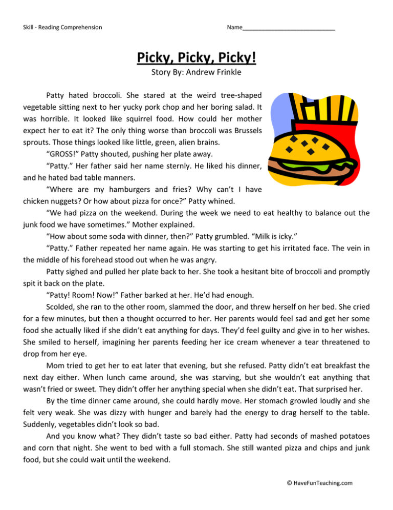 Picky, Picky, Picky Reading Comprehension Worksheet