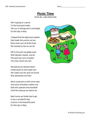 Picnic Time Reading Comprehension Worksheet