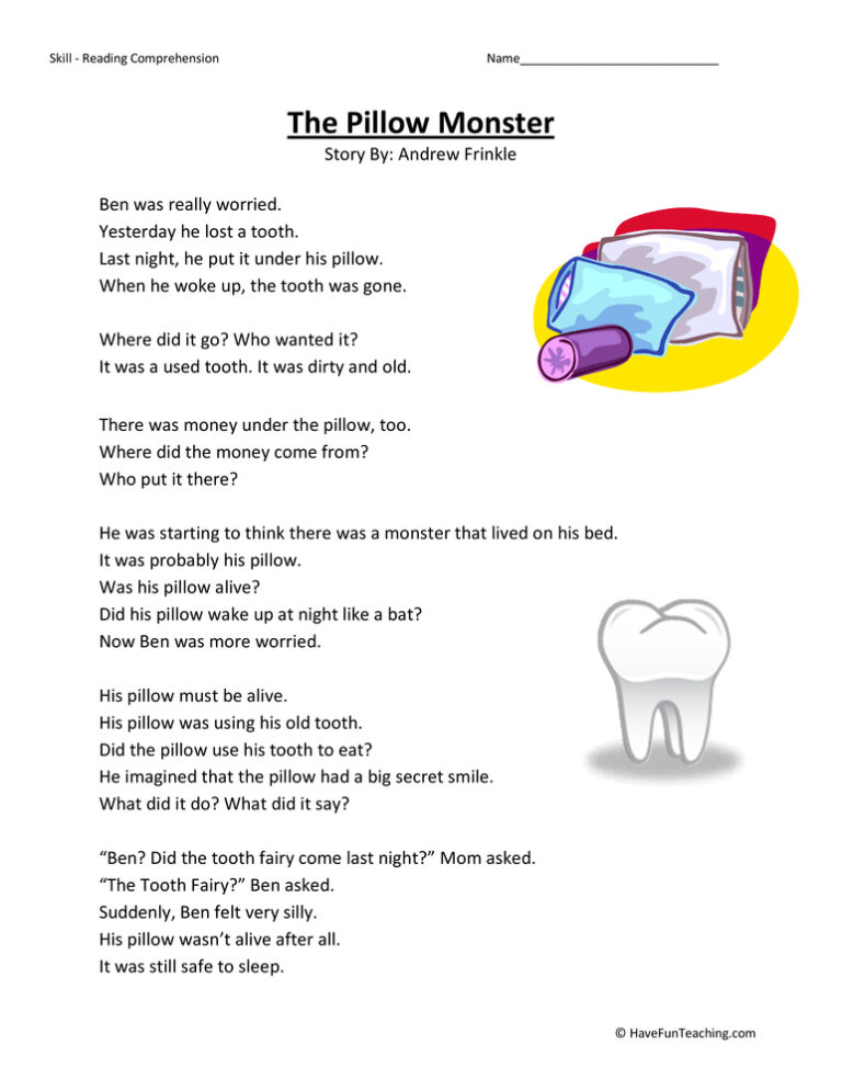 Pillow Monster Reading Comprehension Worksheet