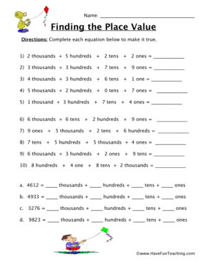 Thousands, Hundreds, Tens, Ones Place Value Worksheet