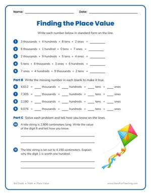 3rd grade thousands hundreds tens ones place value worksheet with expanded form problems and answer lines