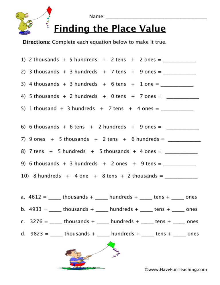 Thousands, Hundreds, Tens, Ones Place Value Worksheet