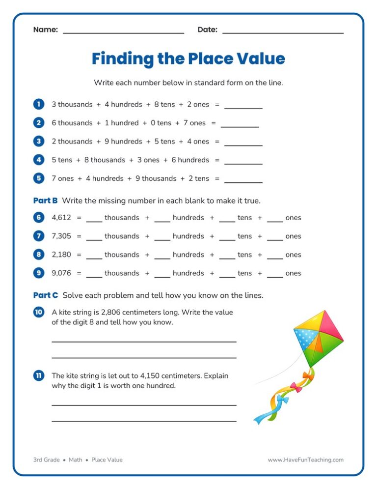 Thousands, Hundreds, Tens, Ones Place Value Worksheet