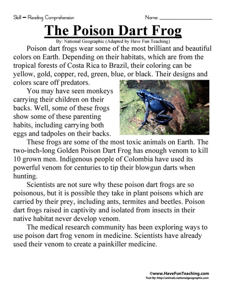 The Poison Dart Frog Reading Comprehension Worksheet