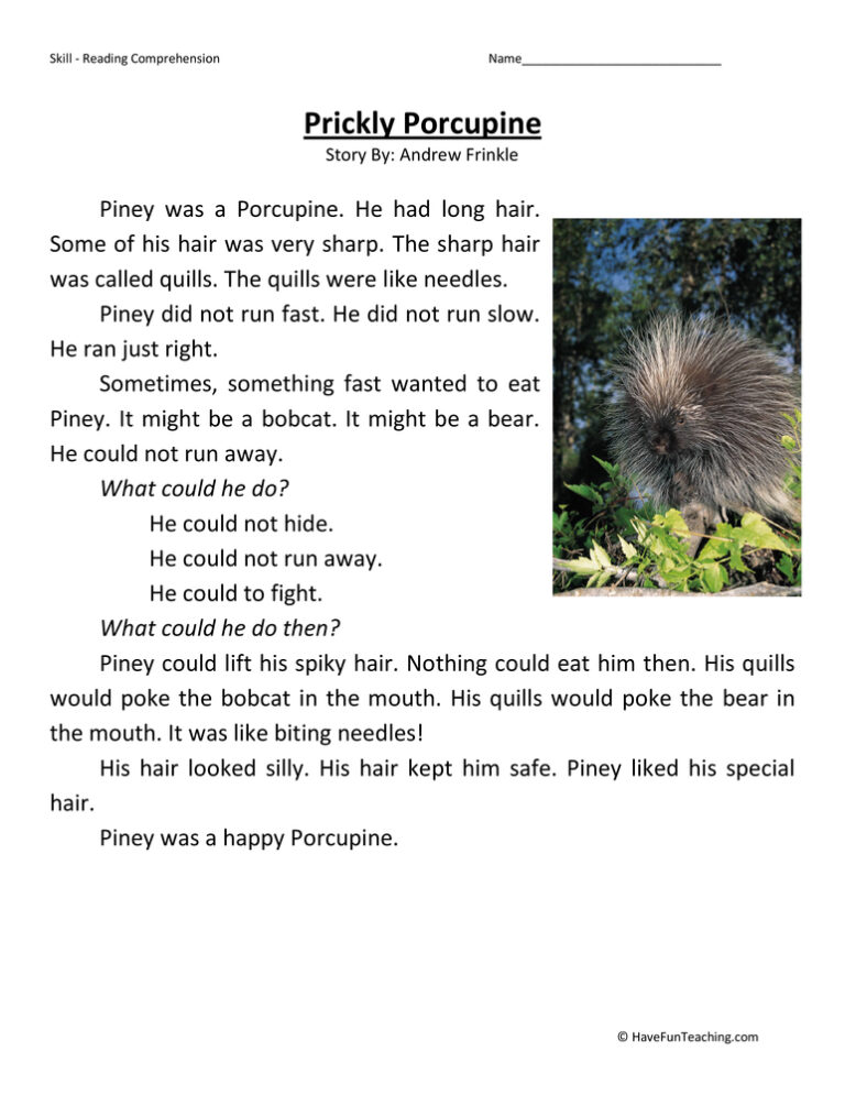Prickly Porcupine Reading Comprehension Worksheet