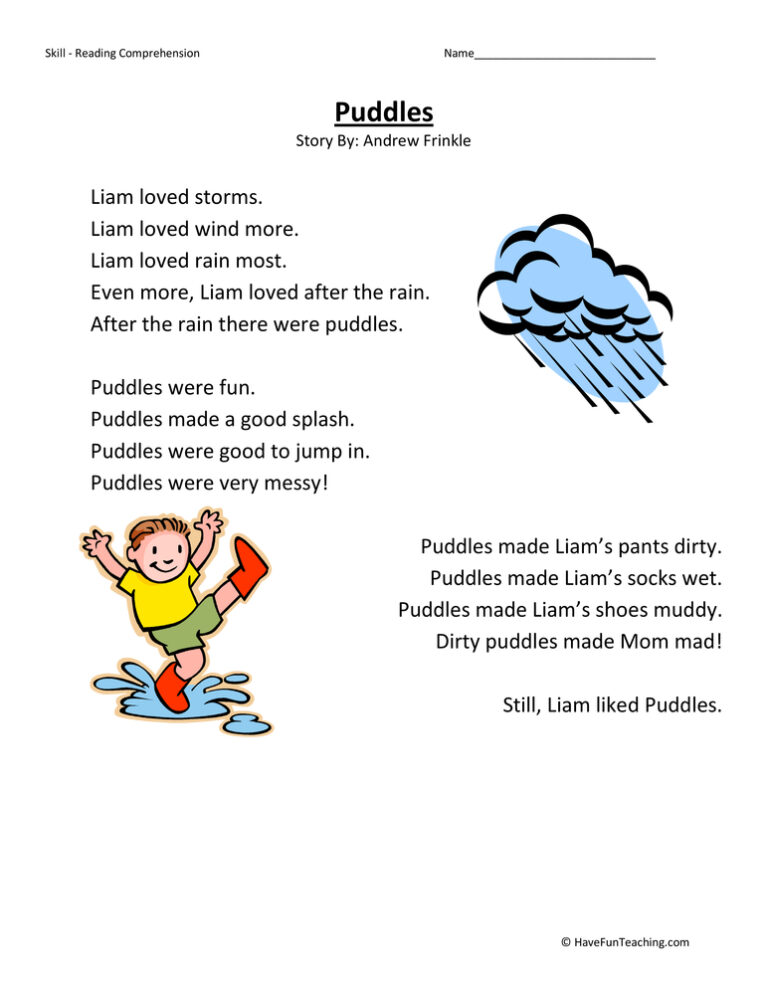 Puddles Reading Comprehension Worksheet