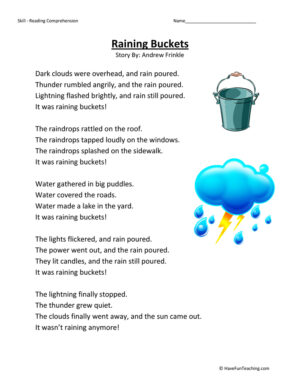 Raining Buckets Reading Comprehension Worksheet