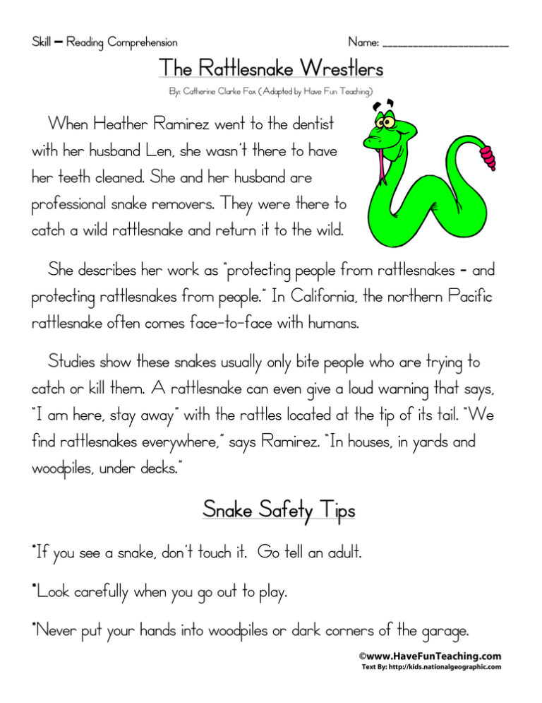 Rattlesnake Wrestlers Reading Comprehension Worksheet