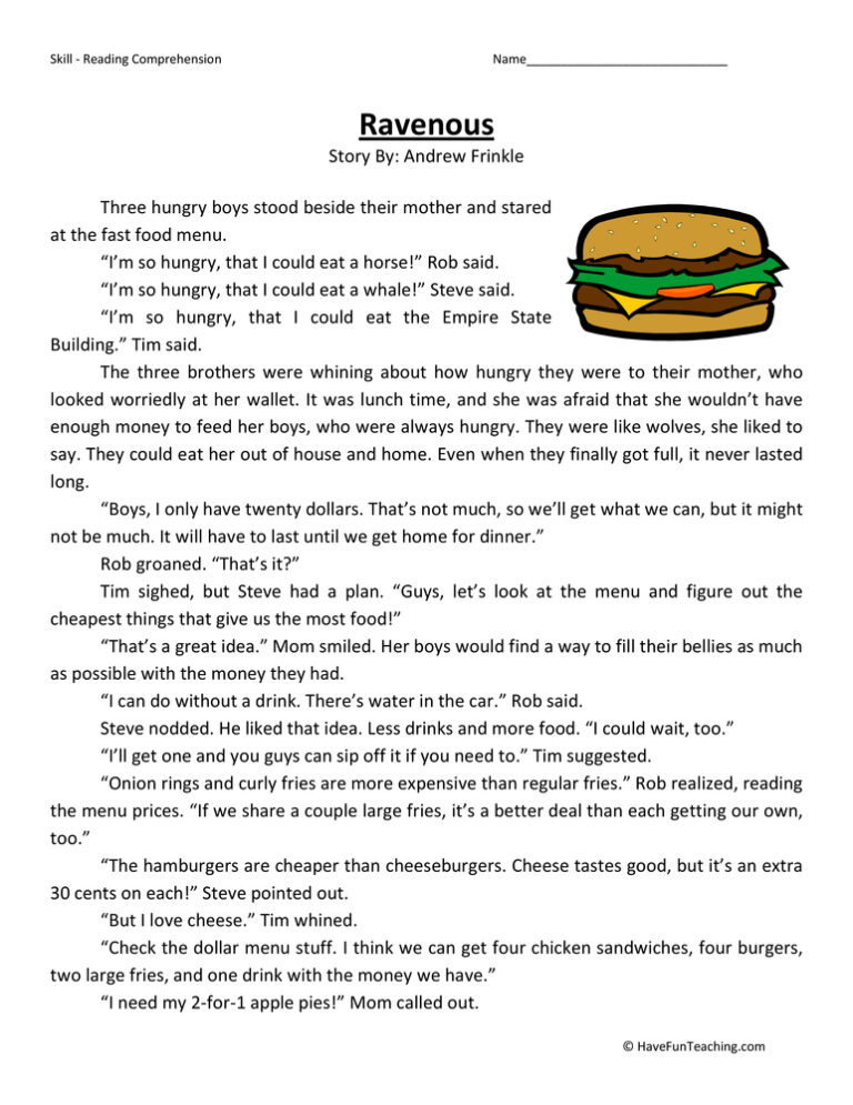 Ravenous Reading Comprehension Worksheet