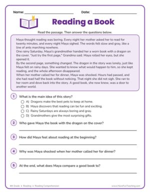 4th grade reading comprehension worksheet titled Reading a Book
