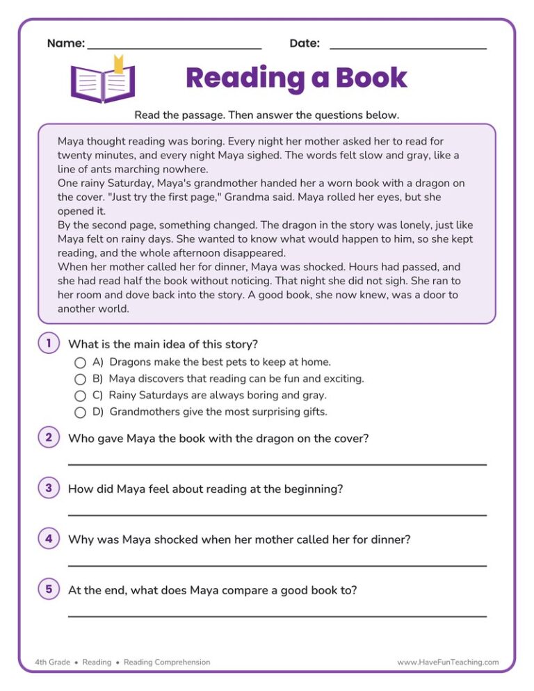 Reading a Book Reading Comprehension Worksheet