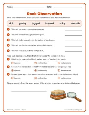 3rd Grade rock observation worksheet with a describing word box and rock type questions
