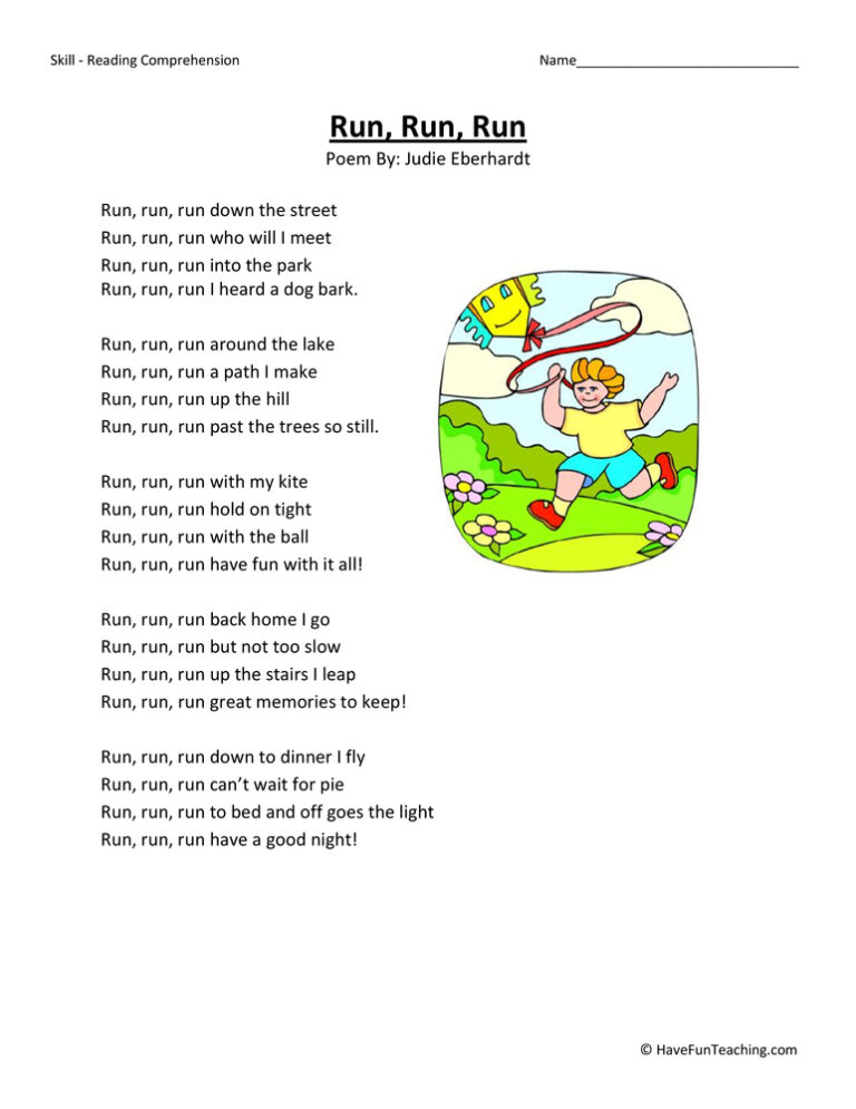 Run, Run, Run Reading Comprehension Worksheet