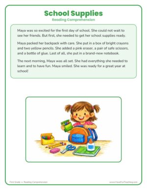 School Supplies Reading Comprehension Worksheet for first grade with a story about packing school supplies