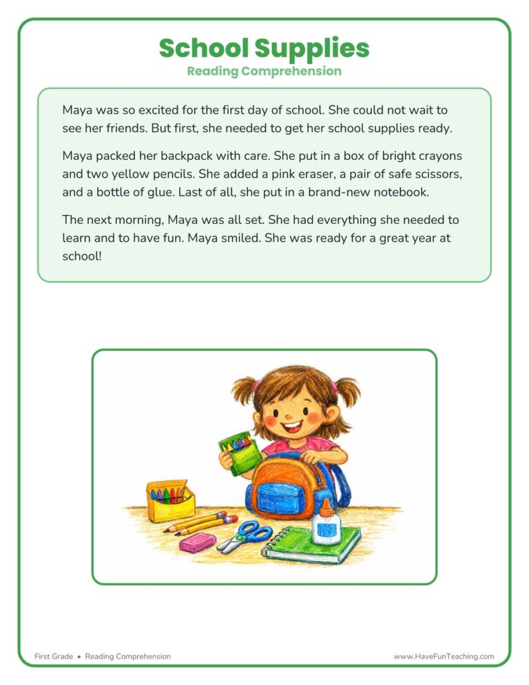 School Supplies Reading Comprehension Worksheet