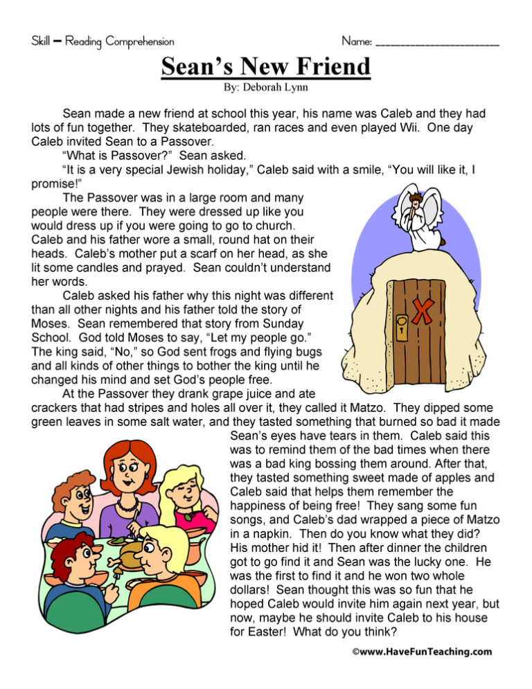 Sean's New Friend Reading Comprehension Worksheet